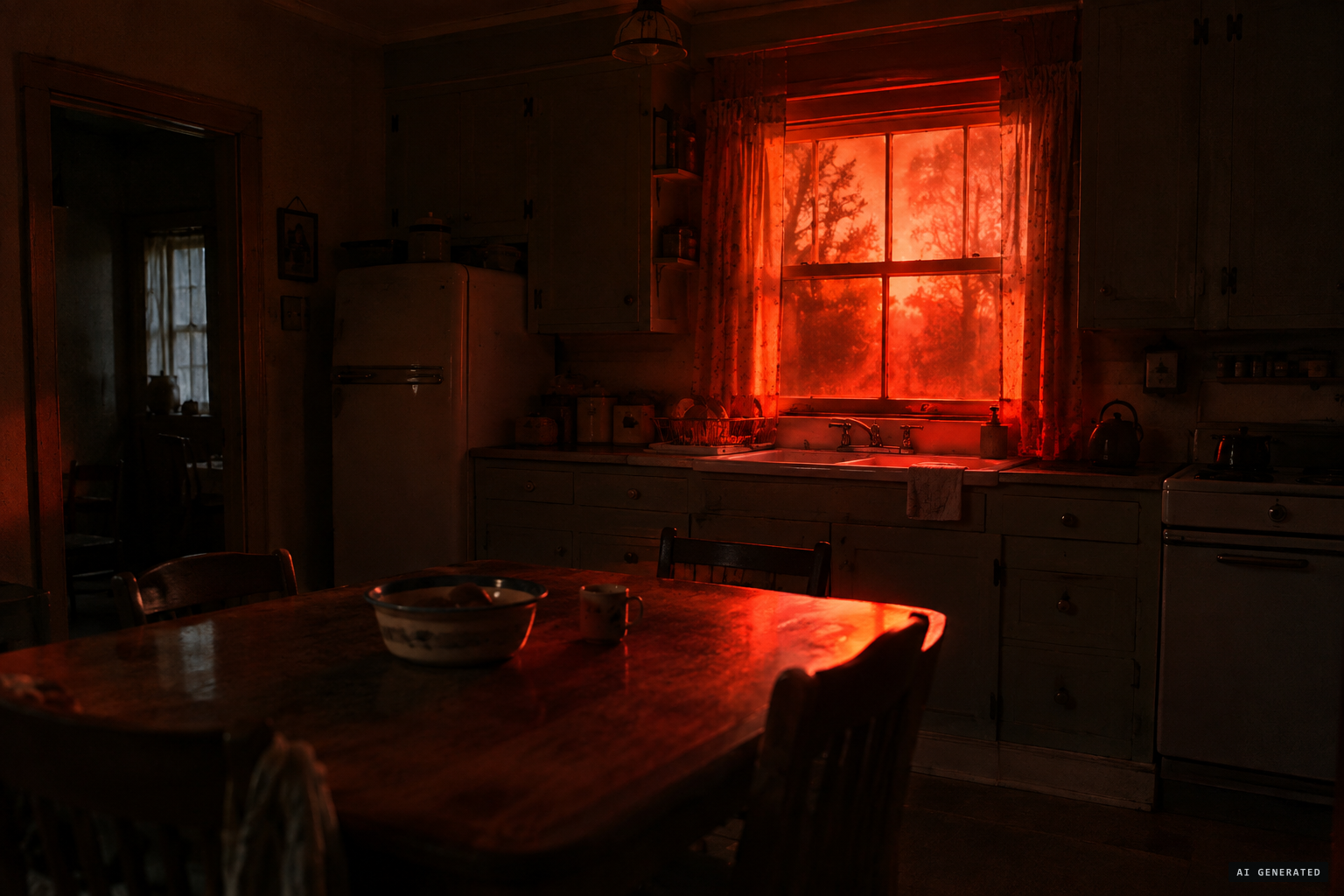 The lights go out and a pulsating reddish-orange light shines into the kitchen