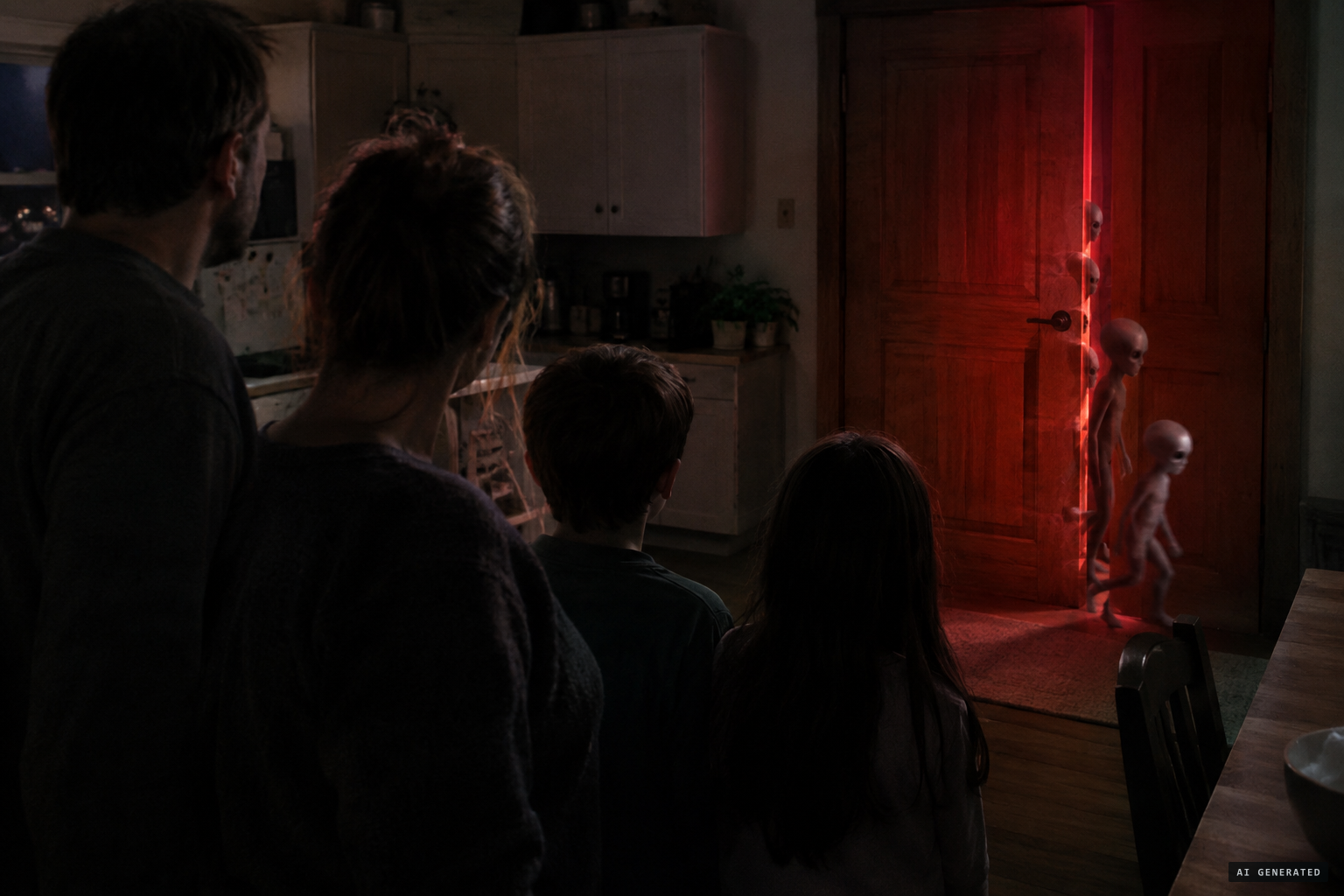 The beings pass through the closed wooden door, one after another