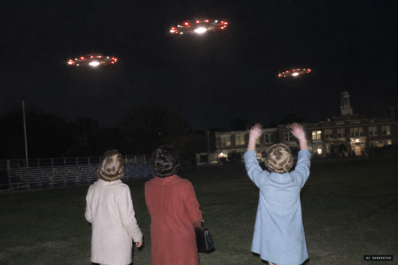 Claire, Barbara and Brenda watch three oval lights circling, and Brenda waves at them