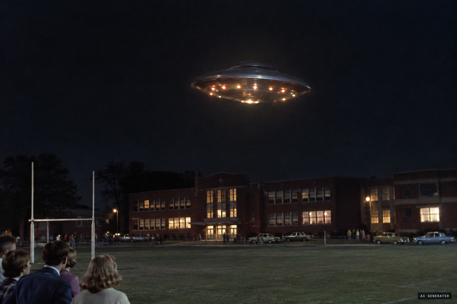 The object tilts on edge and goes back to hover over the high school