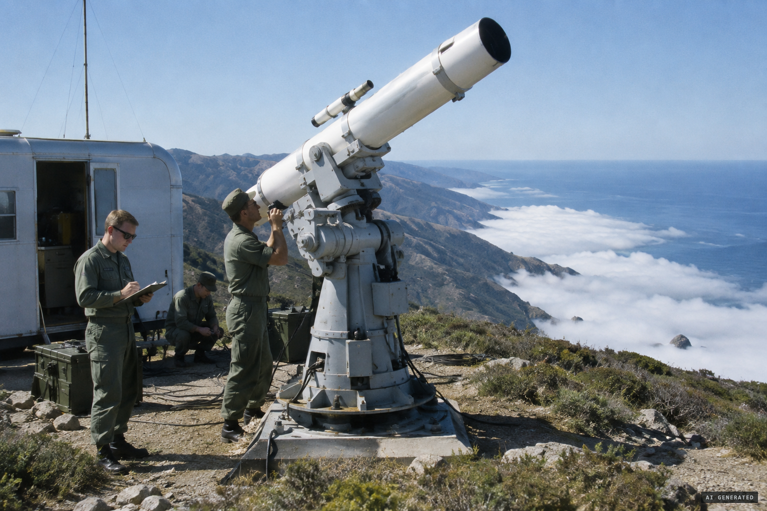 The Boston University telescope on its converted gun mount near Anderson Peak, high above Big Sur