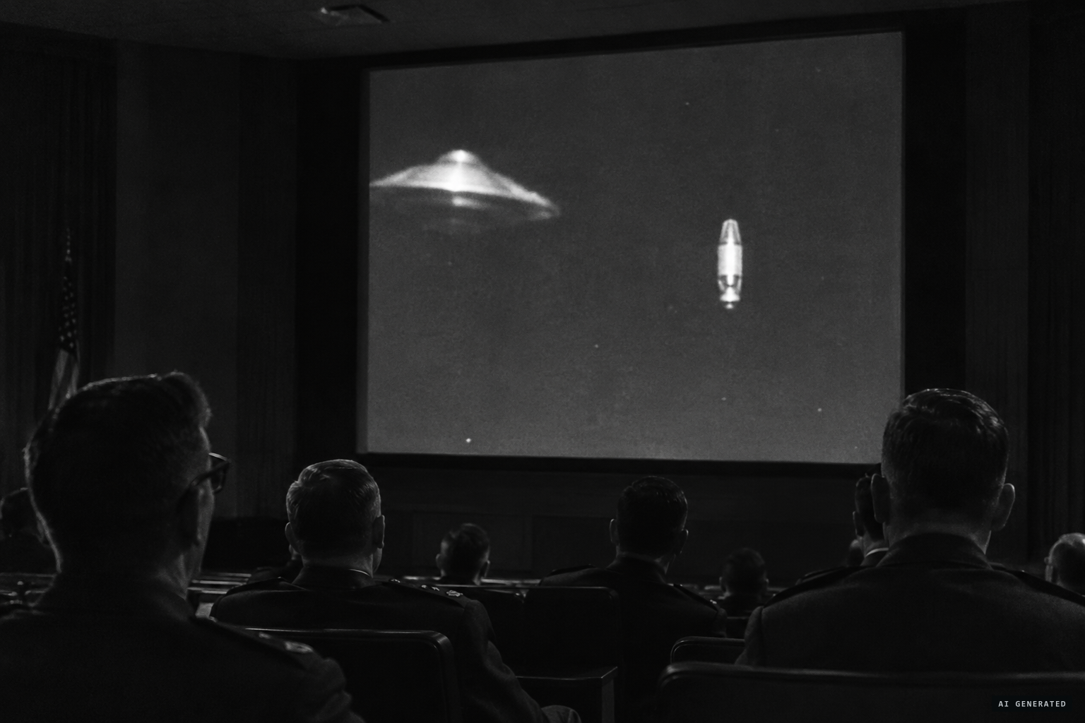 At the Vandenberg screening, a domed saucer flies into the frame toward the warhead