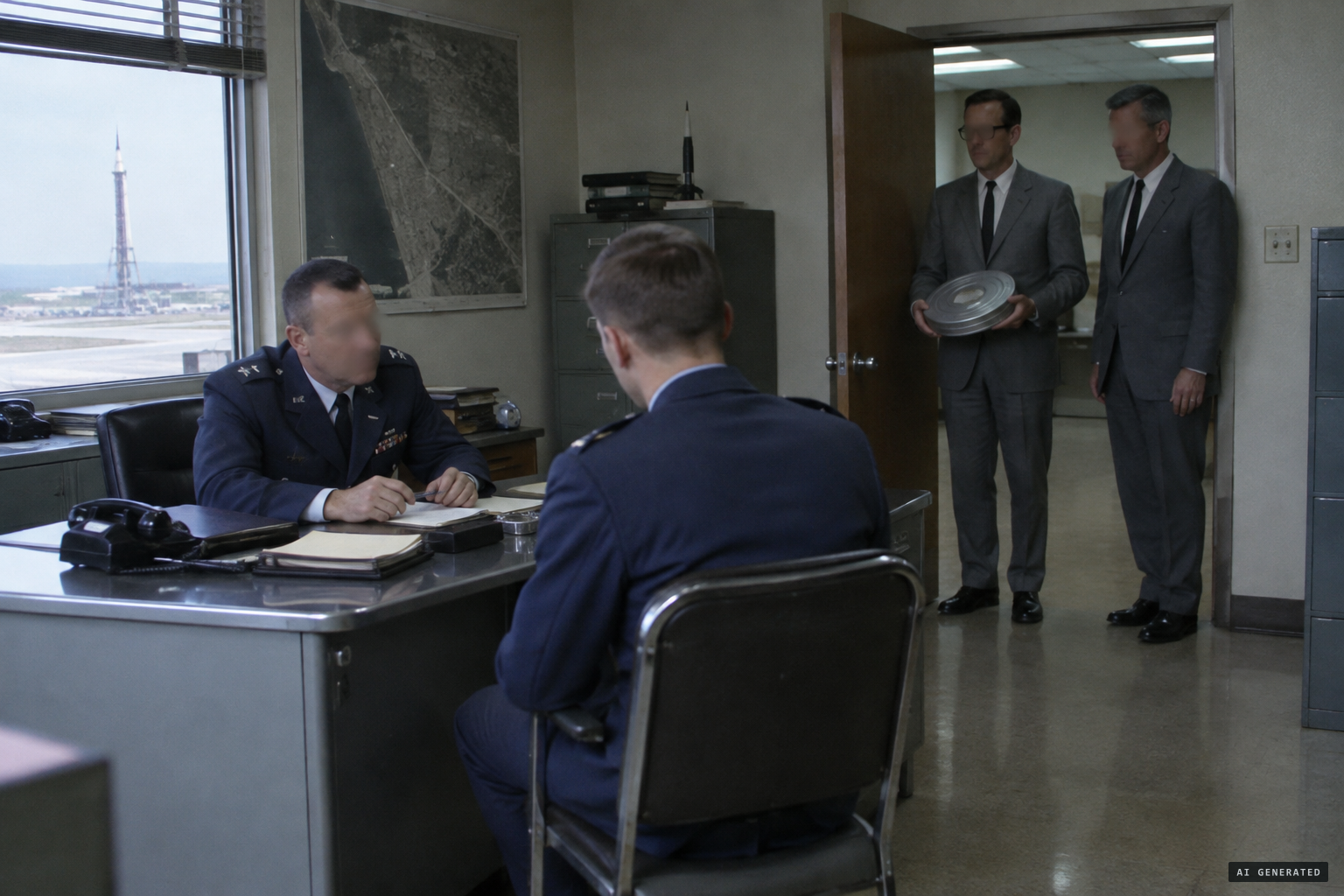 Men in grey suits in the room, and orders that it 'never happened'