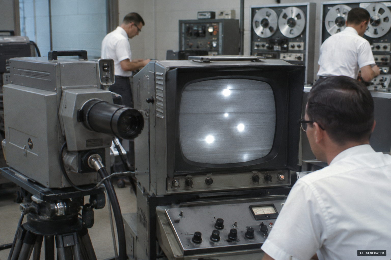 The image orthicon system: bright points bloomed into halos on a roughly 440-line recording