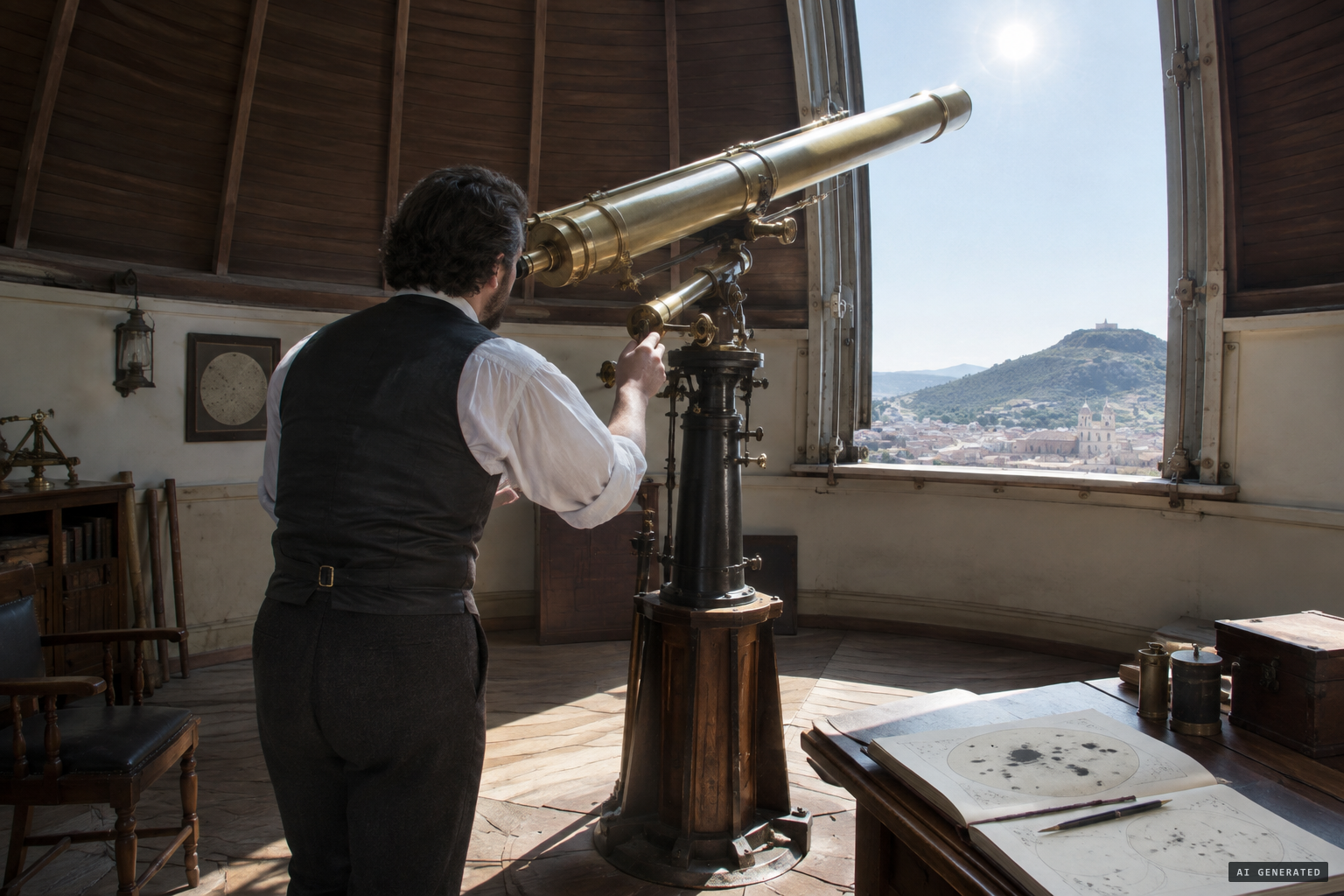 Bonilla prepares to observe the Sun's sunspots, 12 August 1883