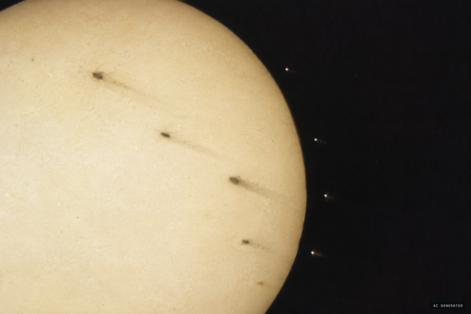 Misty objects, dark against the Sun and bright outside it, many with dark tails