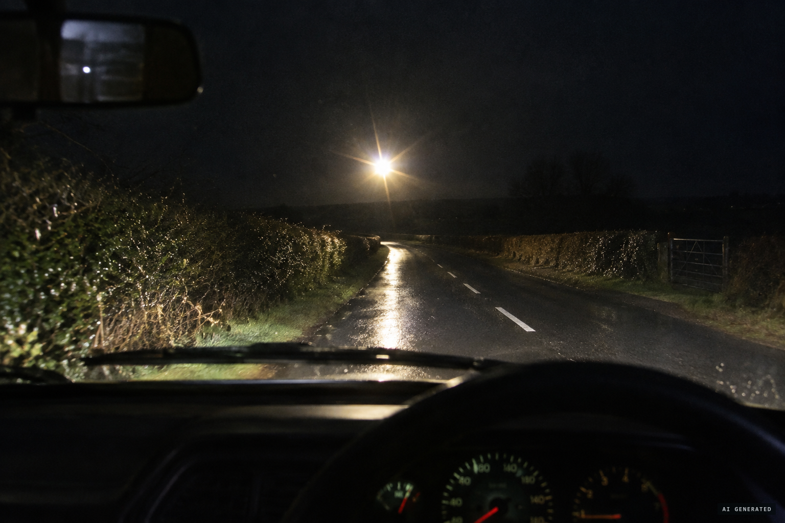 A brightly shining star-shaped object hovers over the road, blocking James Walker's car