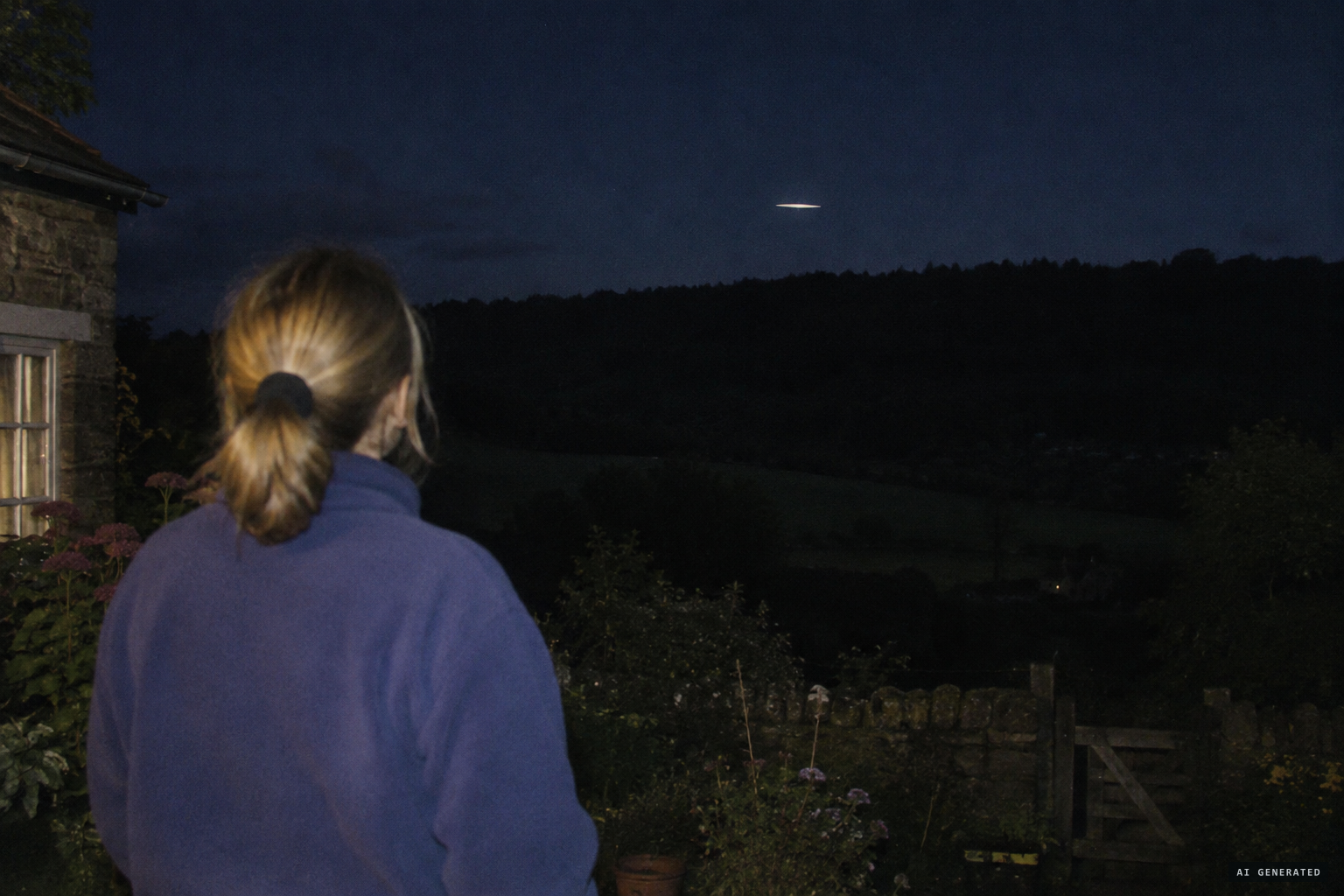 Over Middleton Wood, across the valley, a disc seen edge-on hangs motionless