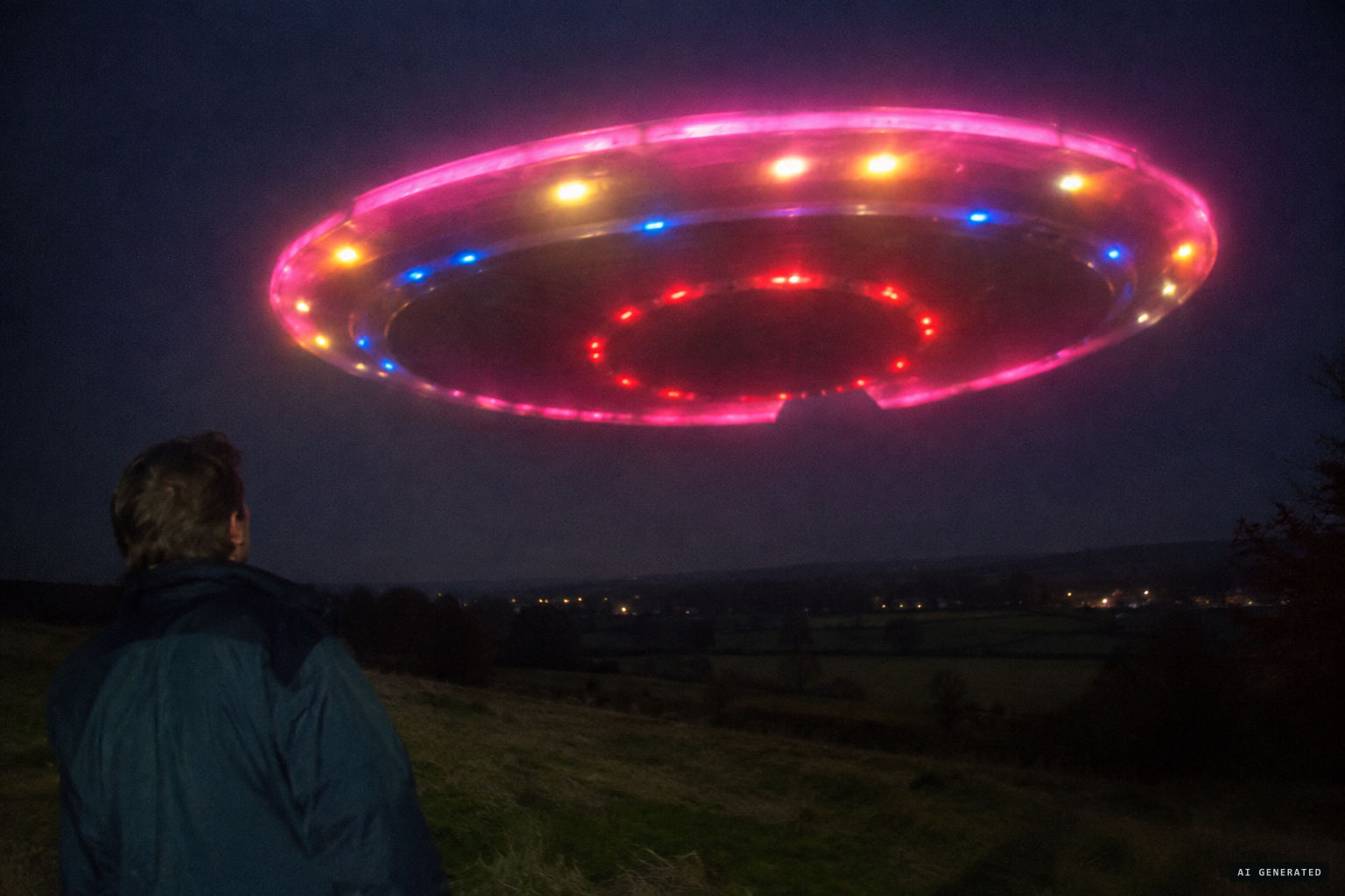 A huge luminous pink disc 'with a bite taken out of the bottom' hovers and rotates over the field
