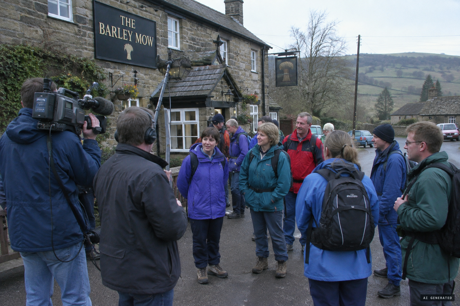 The Barley Mow's first UFO trail walk, 1 April 2004, filmed for Countryfile