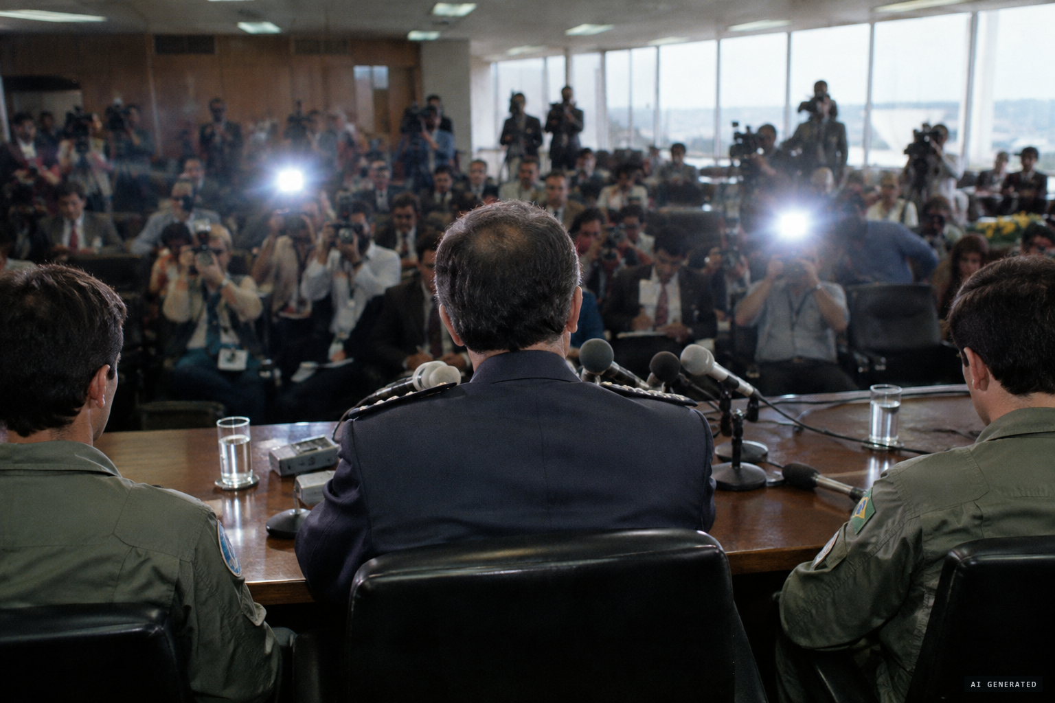 23 May 1986: the Air Force Minister faces the press beside his pilots