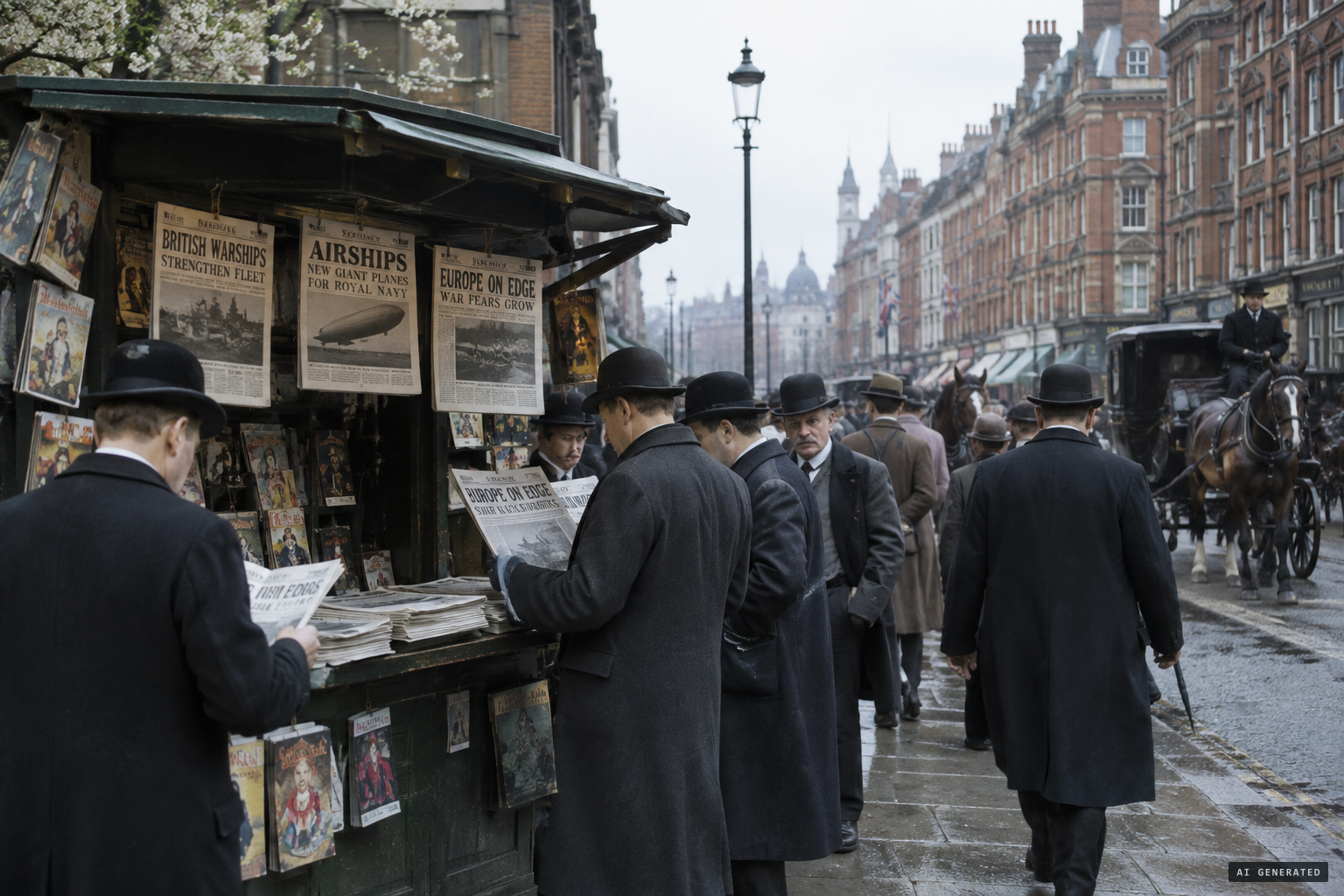 Britain on edge in spring 1909, with talk of Dreadnoughts, German spies and flying machines.