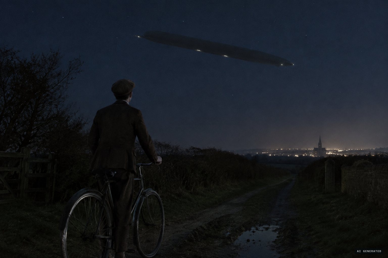 Mr Chatten, cycling home, sees a 400 ft cigar-shaped object heading silently for Norwich.