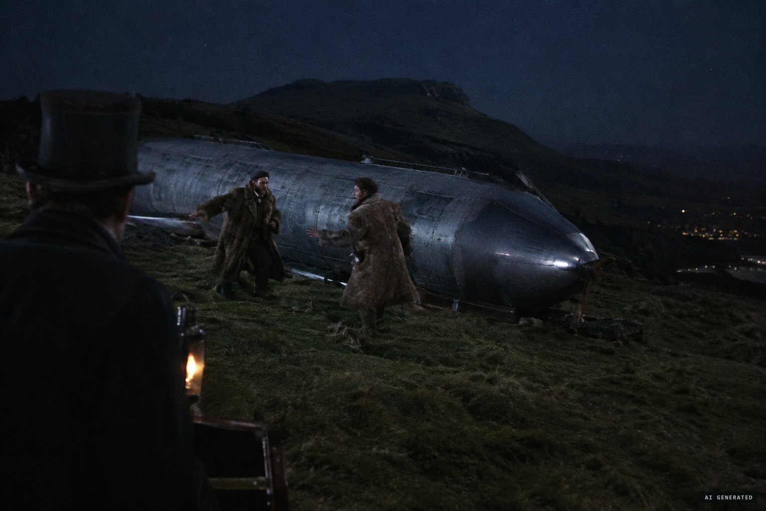 Lethbridge comes upon a tube-shaped craft on the grass and two men in fur coats.