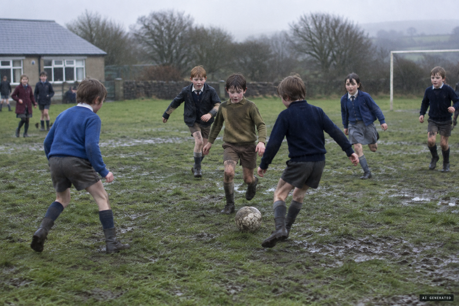 Friday lunchtime, 4 February 1977: children playing football in the rain at Broad Haven