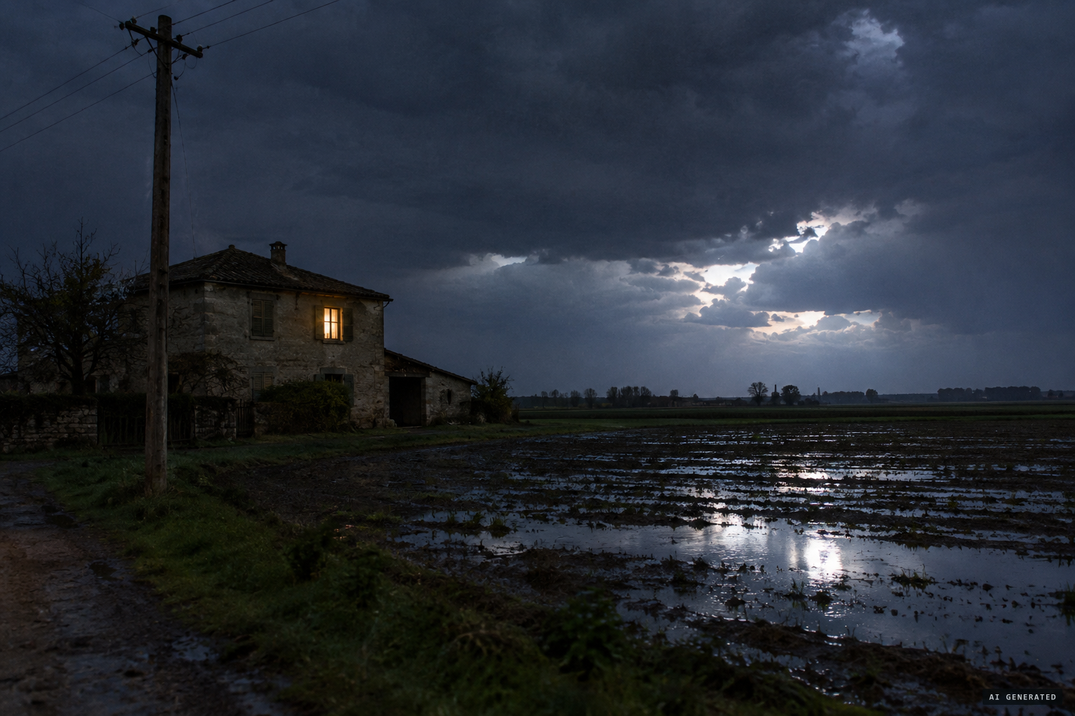 Bruno Facchini's home beside the field at Abbiate Guazzone, after the storm on 24 April 1950