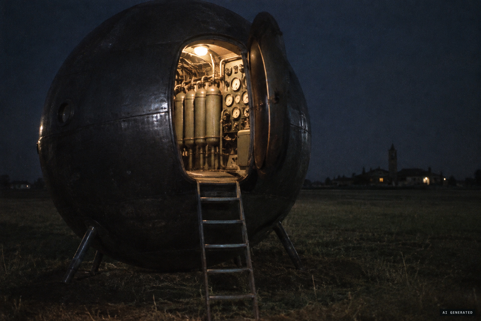 A small ladder leads to a lit opening full of cylinders, gauges and dials