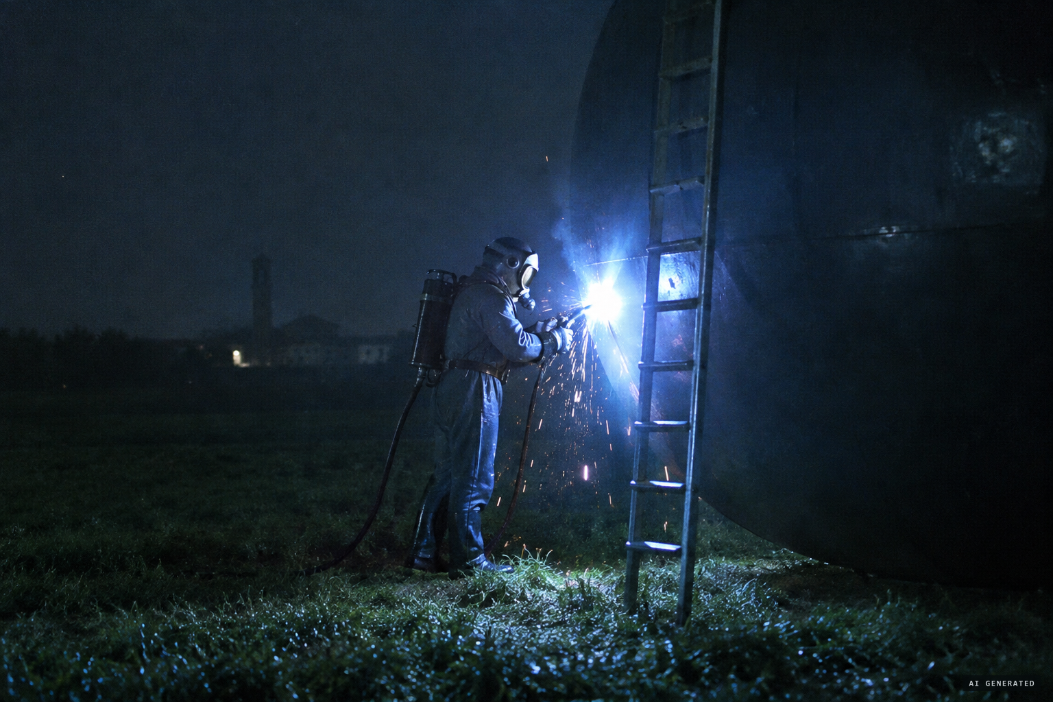 A standing figure seems to be welding beside the craft