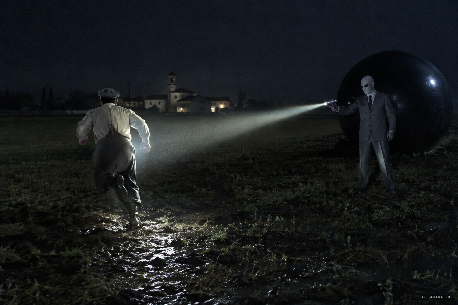 As Facchini runs, one of the beings points a device at him and a light beam strikes his back