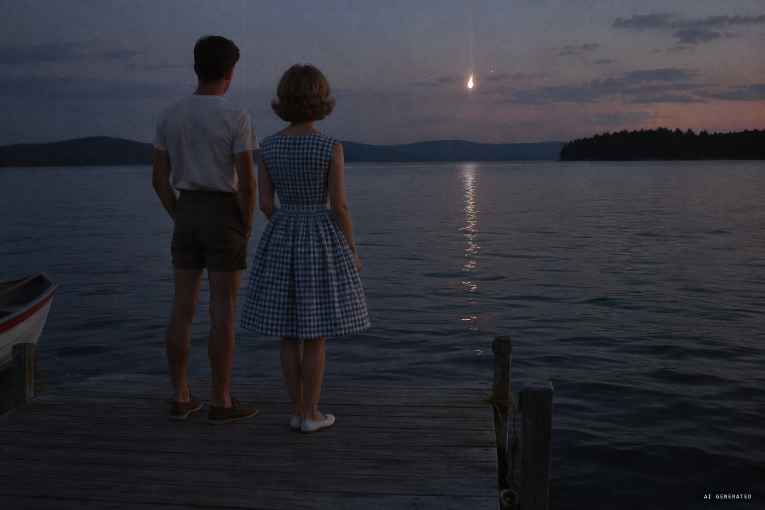 A single bright light comes down fast over the lake