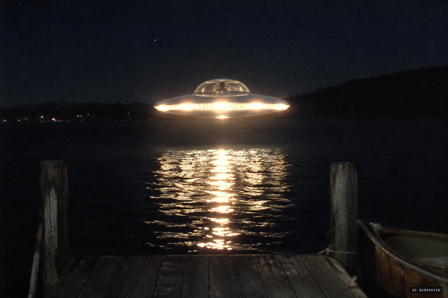 A disc-like craft with a transparent dome glides toward the dock