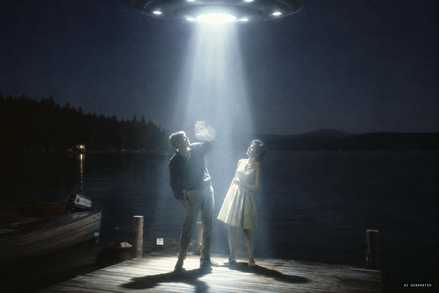 A beam of light comes down on Michael and Janet