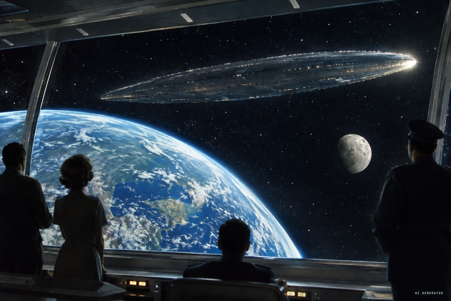 Through the dome Michael sees Earth, the Moon and a cigar-shaped mothership