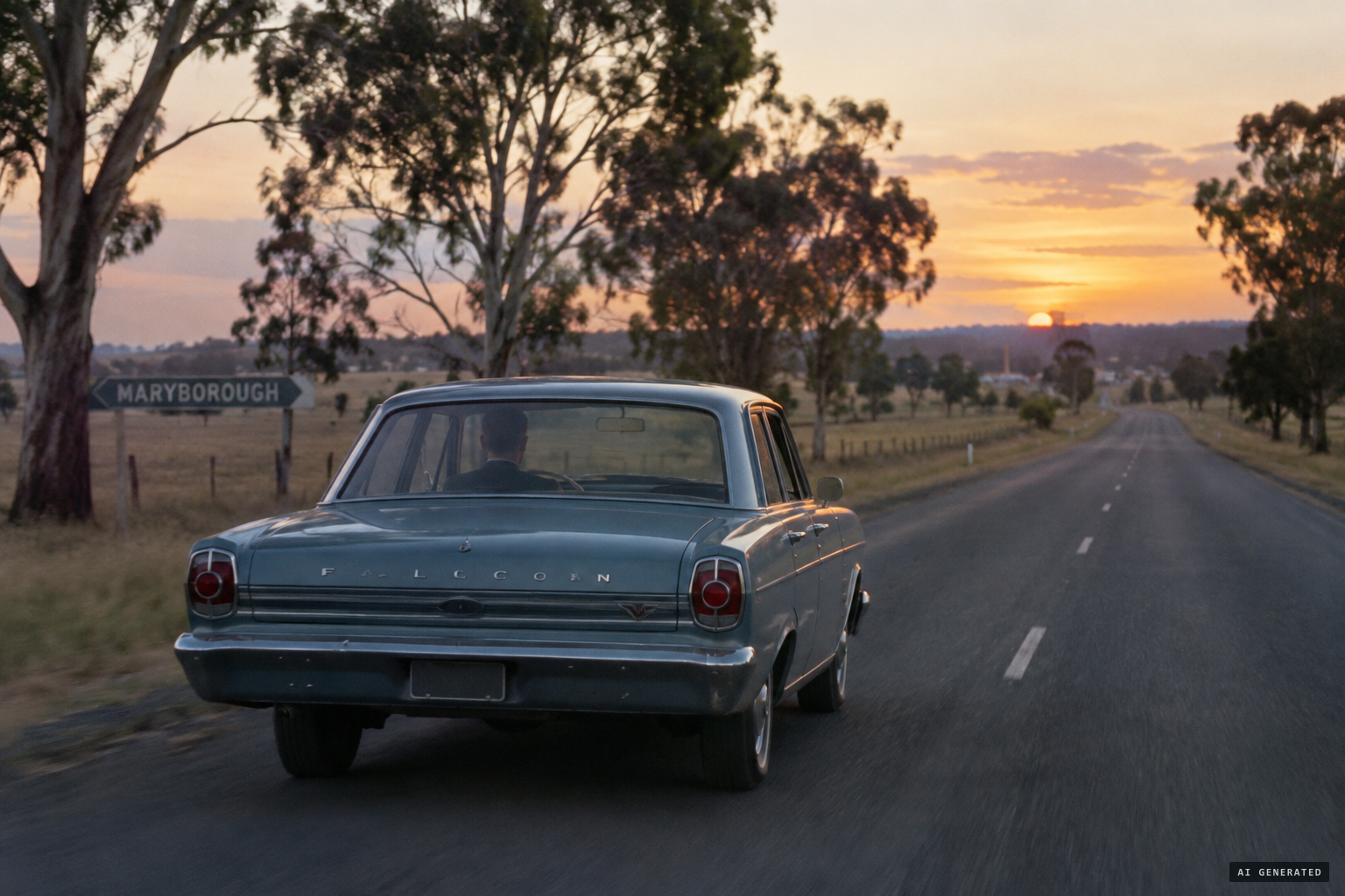 Ron Sullivan driving alone in his new Ford Falcon towards St Arnaud