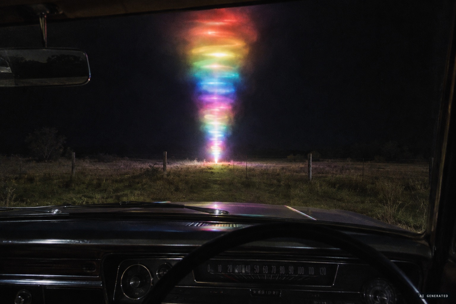 Tubes of coloured light, shaped like an ice cream cone, lift off in the paddock