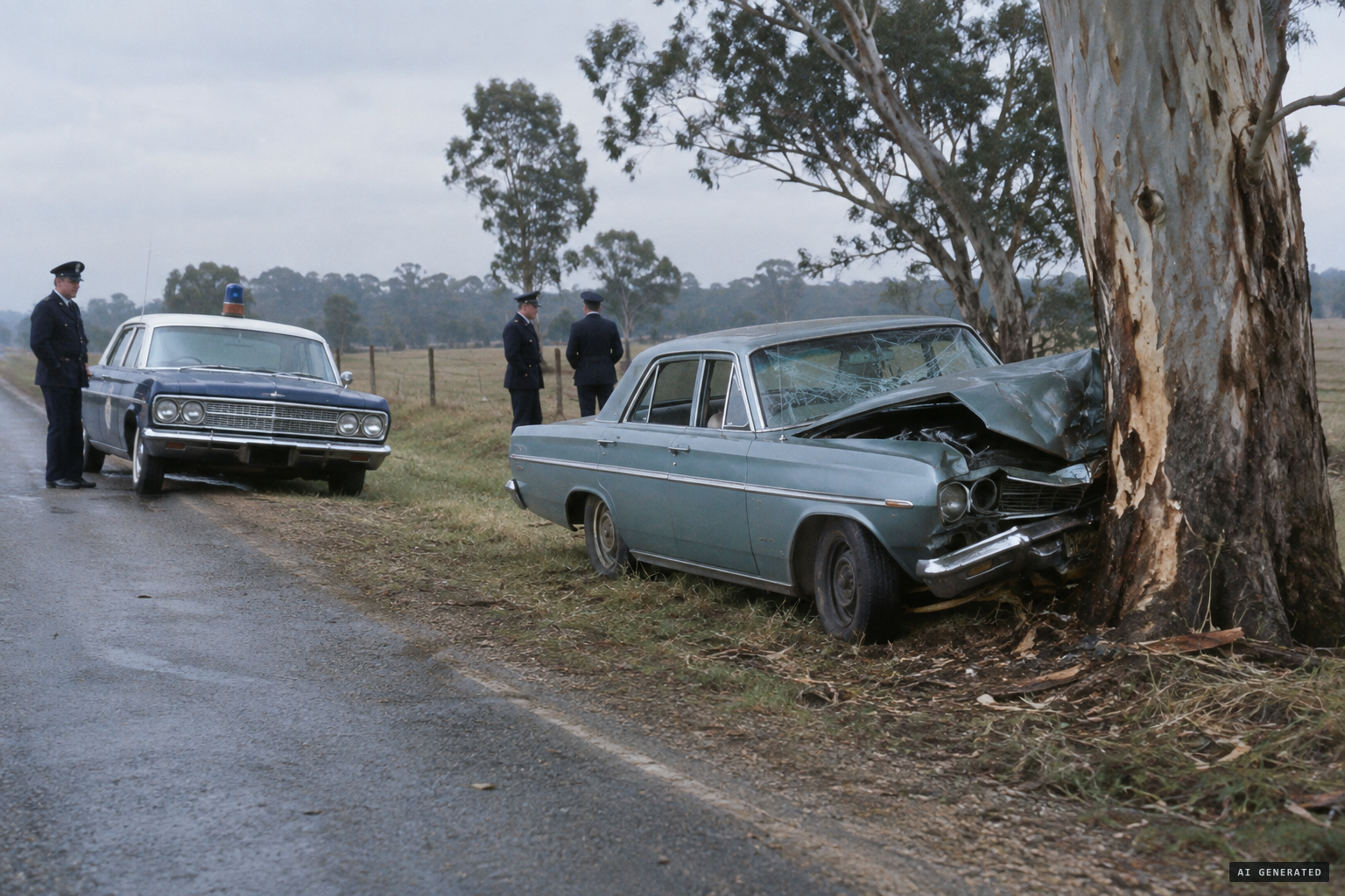 Gary Taylor's car against the tree at the spot Sullivan had nearly crashed