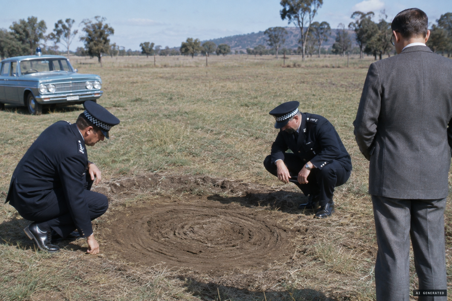 Police examine the circular depression found in the paddock