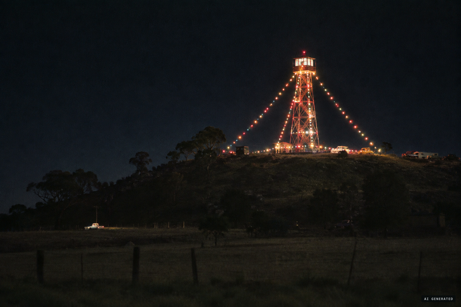 The light-strung lookout on Mt Tarrengower, proposed as the source