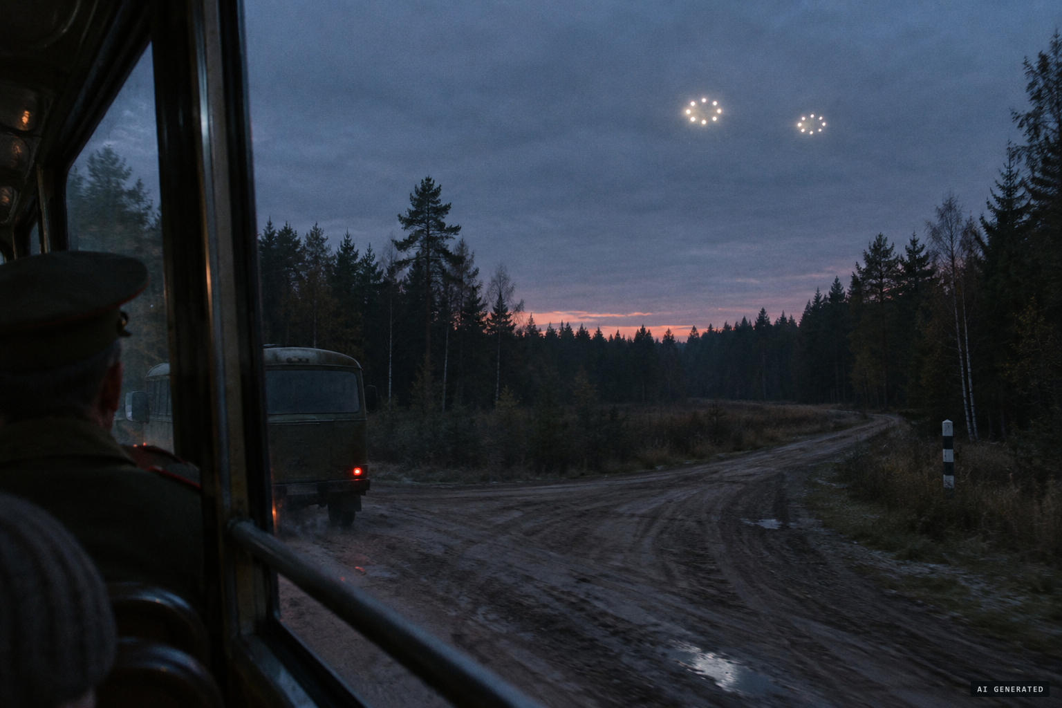 Two shining objects like a New Year's tree garland above the road