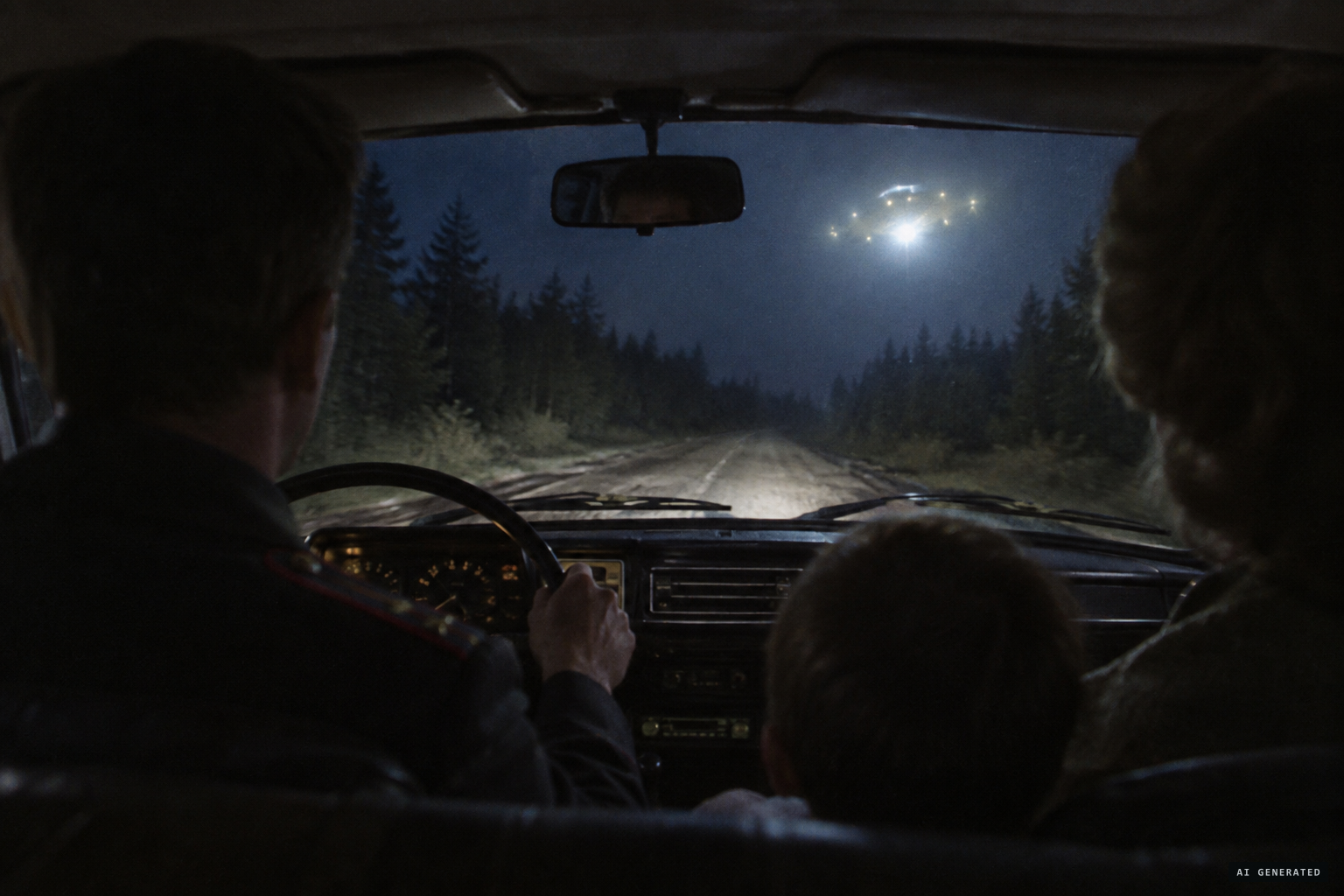 A flashing light ringed by an ellipse of bright-golden lights
