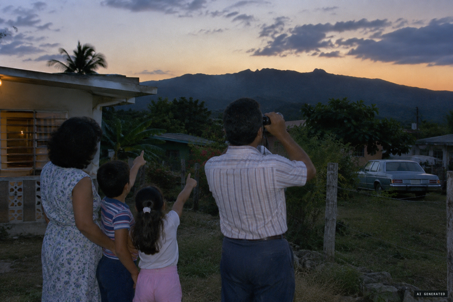 Wilson Sosa and his family watch an object over Sierra Bermeja through binoculars