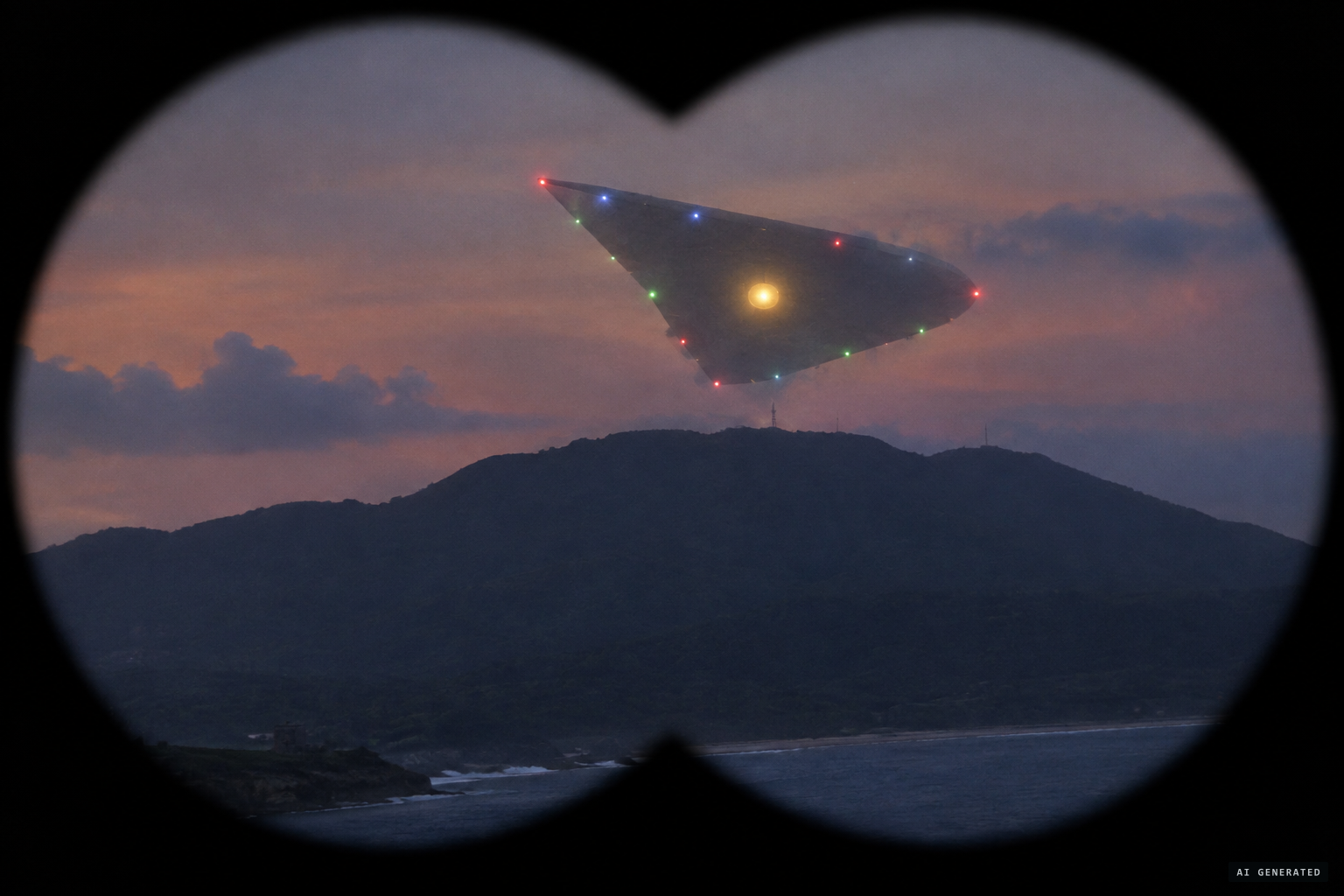 A mammoth grey triangle with blinking coloured lights and a glowing yellow sphere