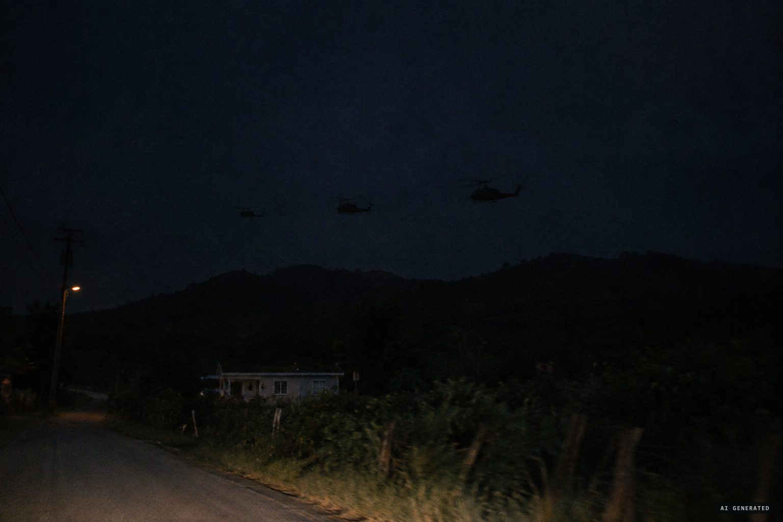 Black, unmarked helicopters with their lights off patrol low until midnight
