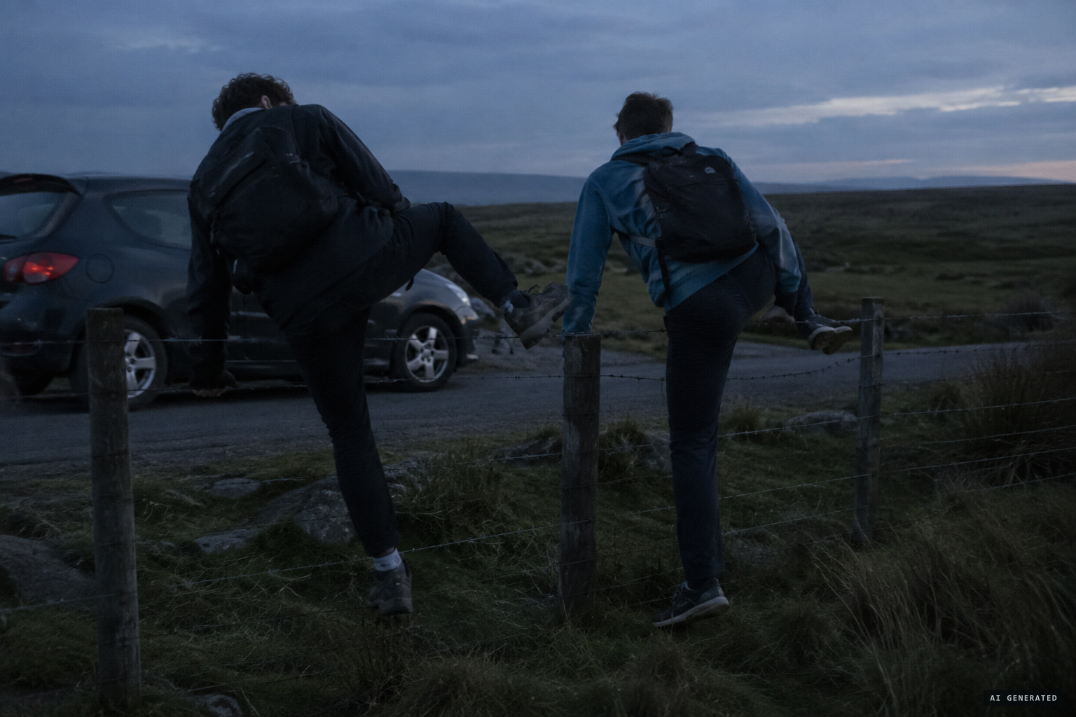 After their shift, the two men cross the fence onto the moor