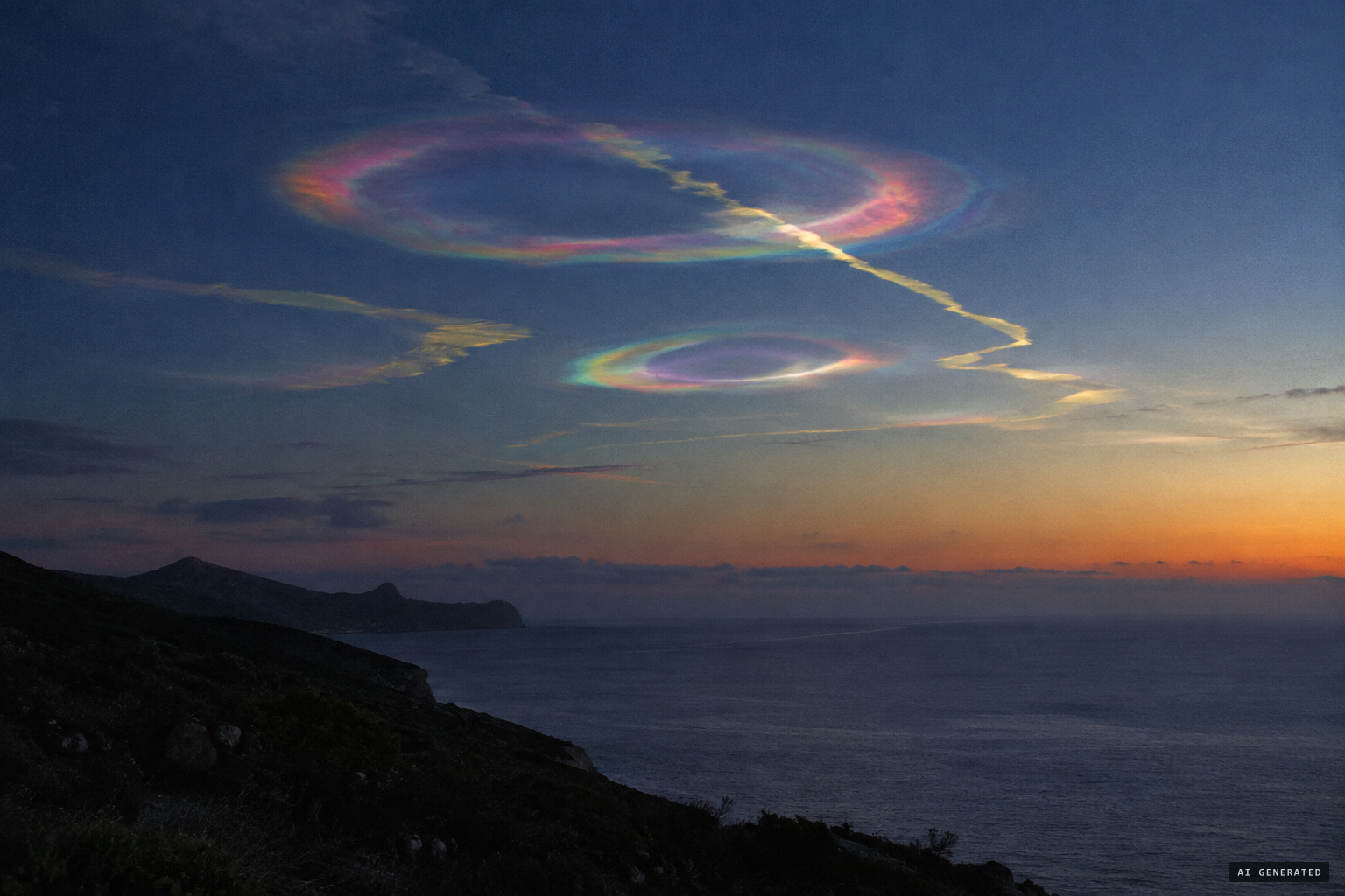 Iridescent rings crossed by yellow zigzag lines appear in the twilight