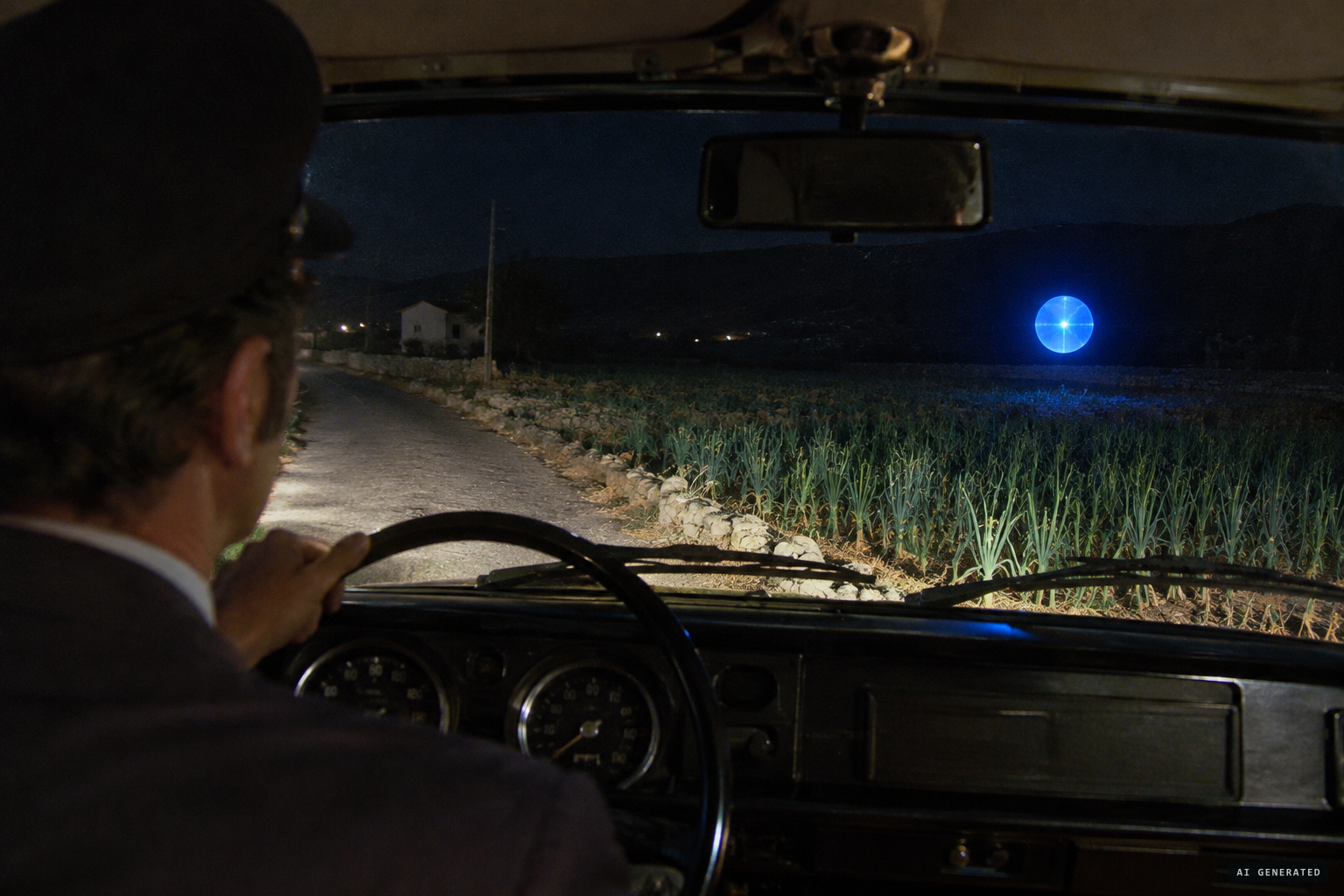 Near Las Rosas, the taxi's occupants see a sphere close to the ground above an onion field