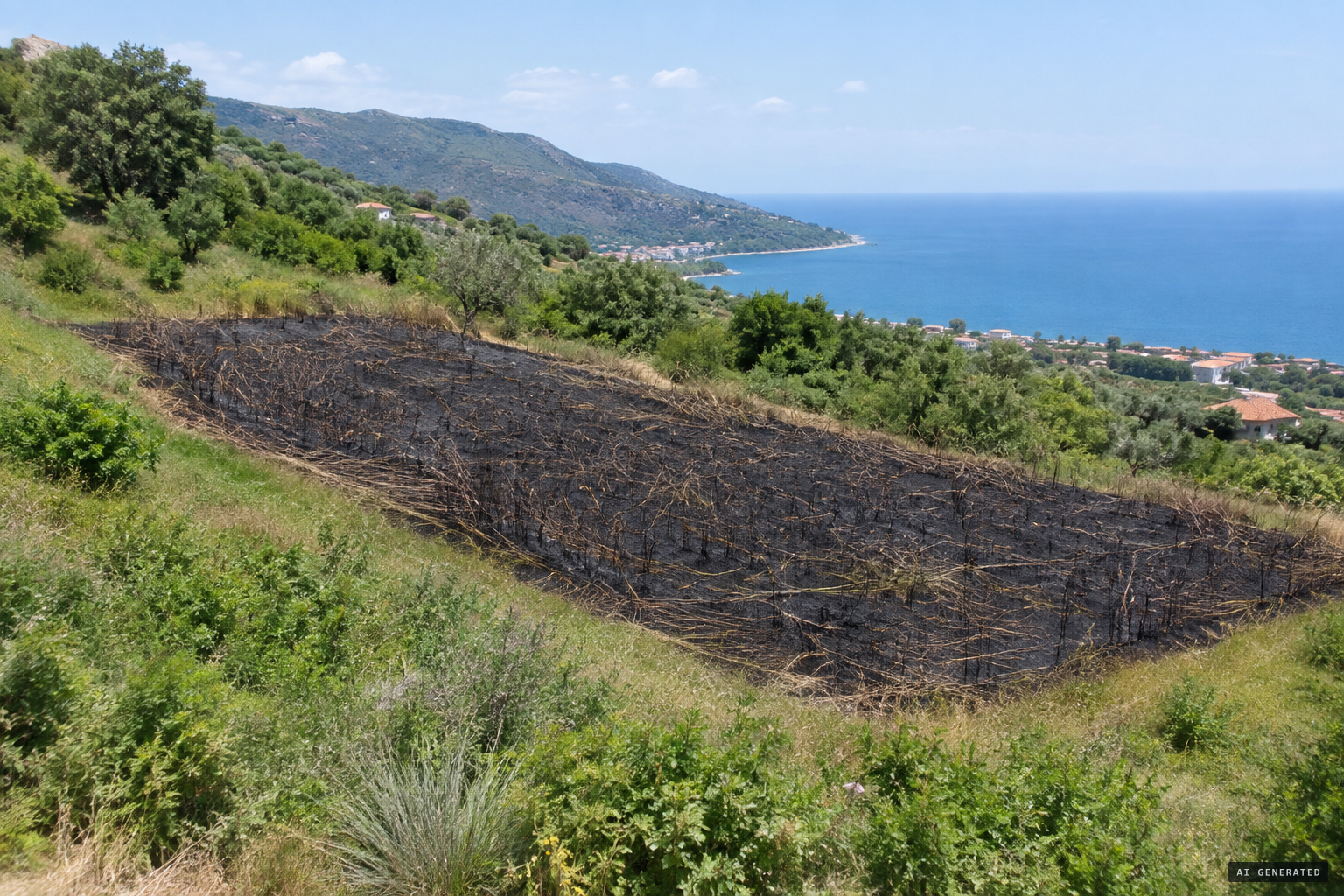 The rectangular burnt imprint, 40 m by 15 m, where only the Ampelodesmos shrubs burned
