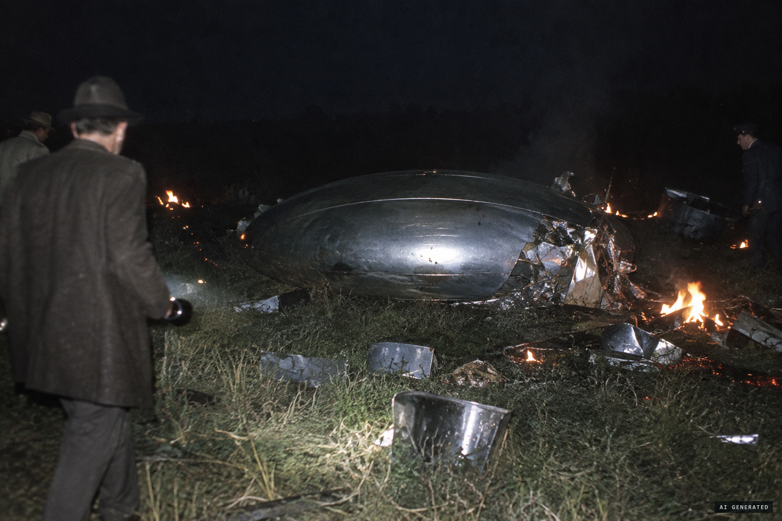 Not a plane but a seamless metallic saucer, broken in the burning grass