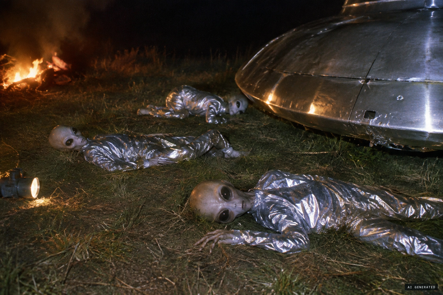 Three small beings in wrinkled foil-like suits lie by the wreck