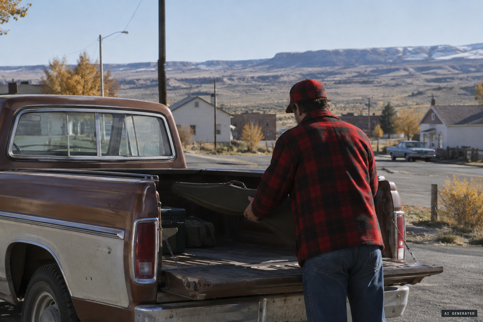 Oil-rig foreman Carl Higdon sets off for a day of elk hunting, October 25, 1974.