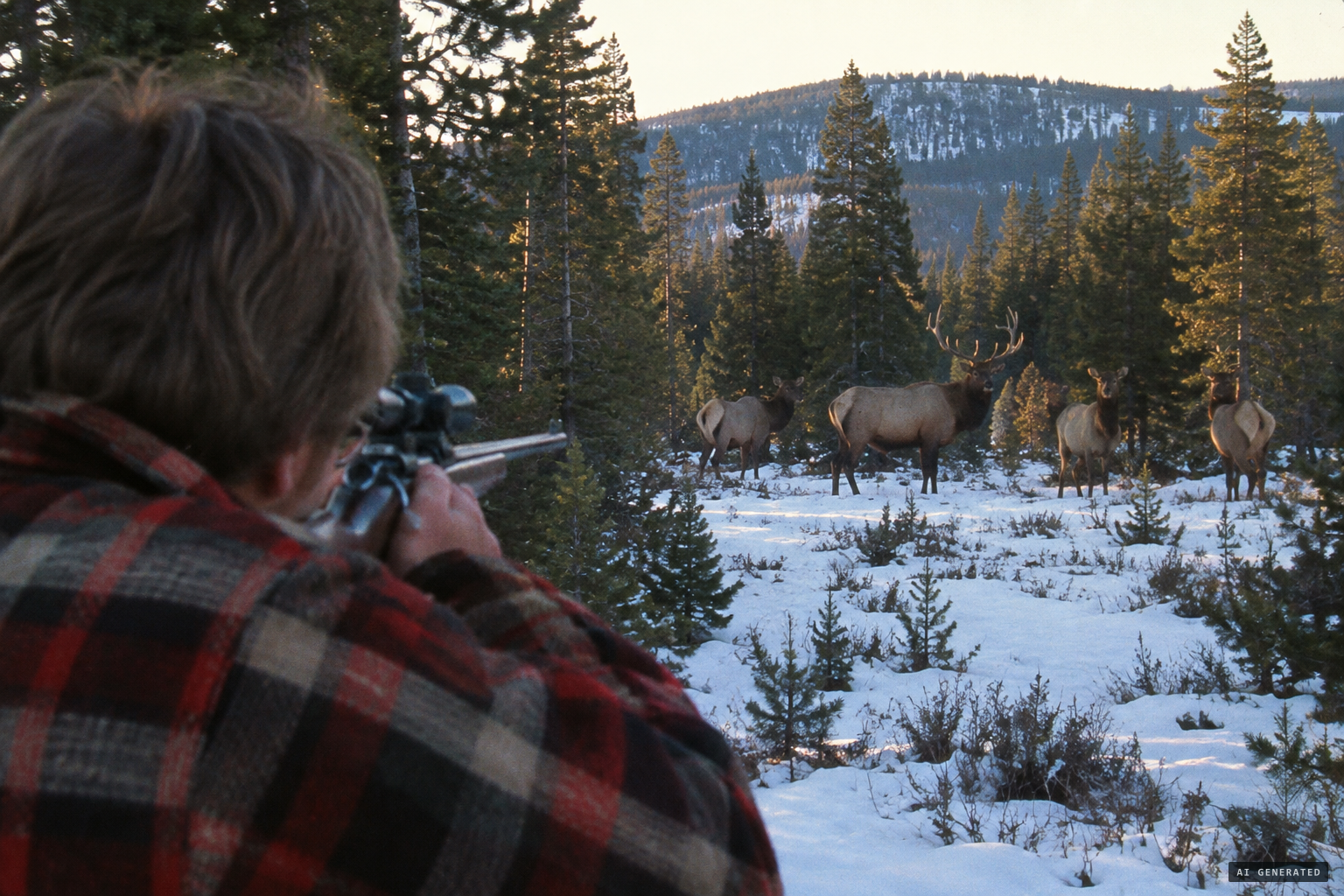 Higdon spots five elk and aims his new 7 mm magnum at a bull.
