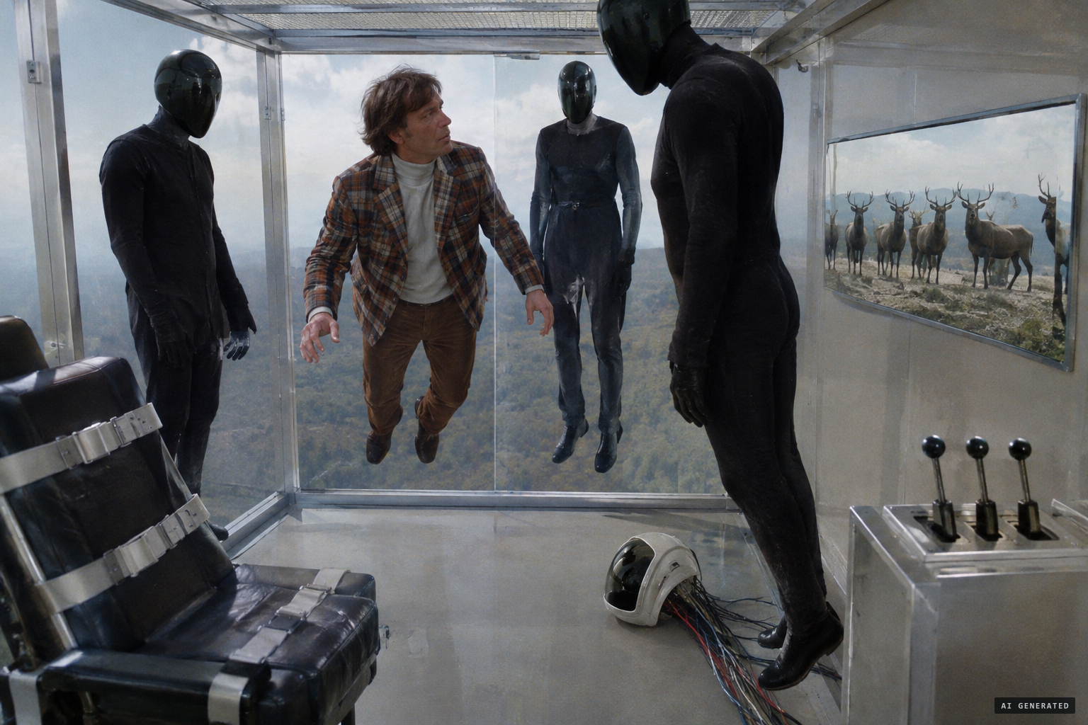 Higdon finds himself inside a transparent cubicle with chair, wired helmet and three-lever console.