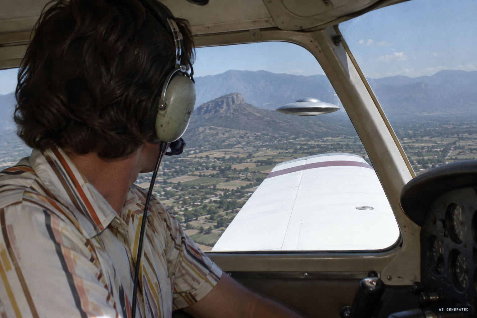 The pilot turns and sees a domed disc coming over the upper surface of his wing