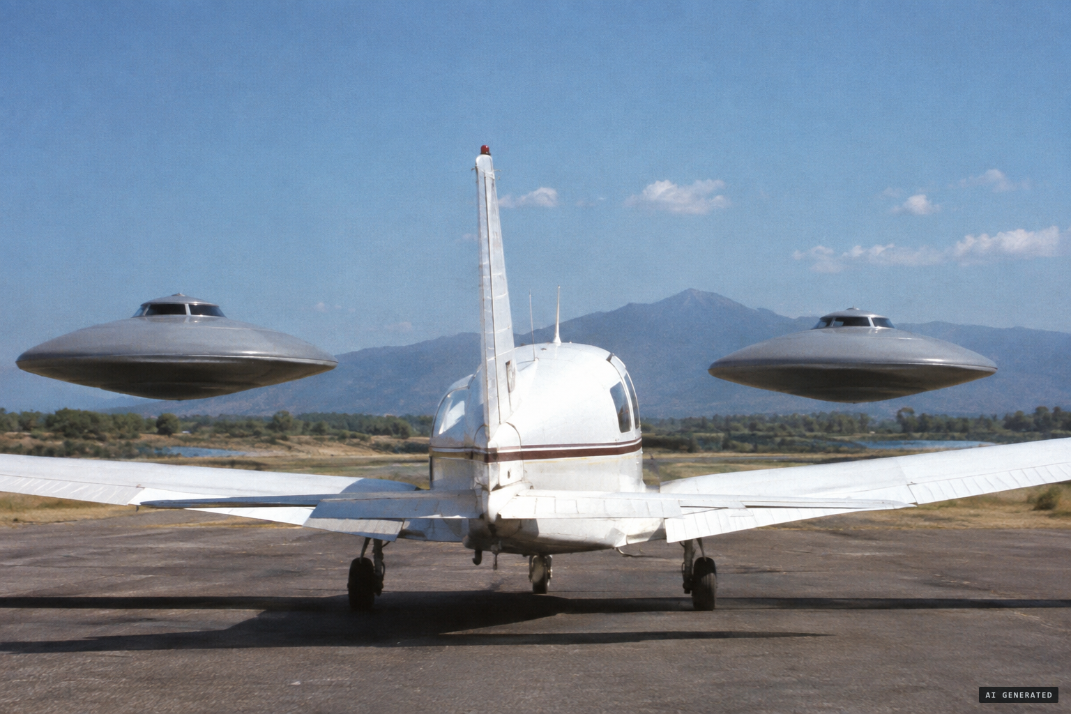 Two smooth grey discs with cupolas hang just above each wing