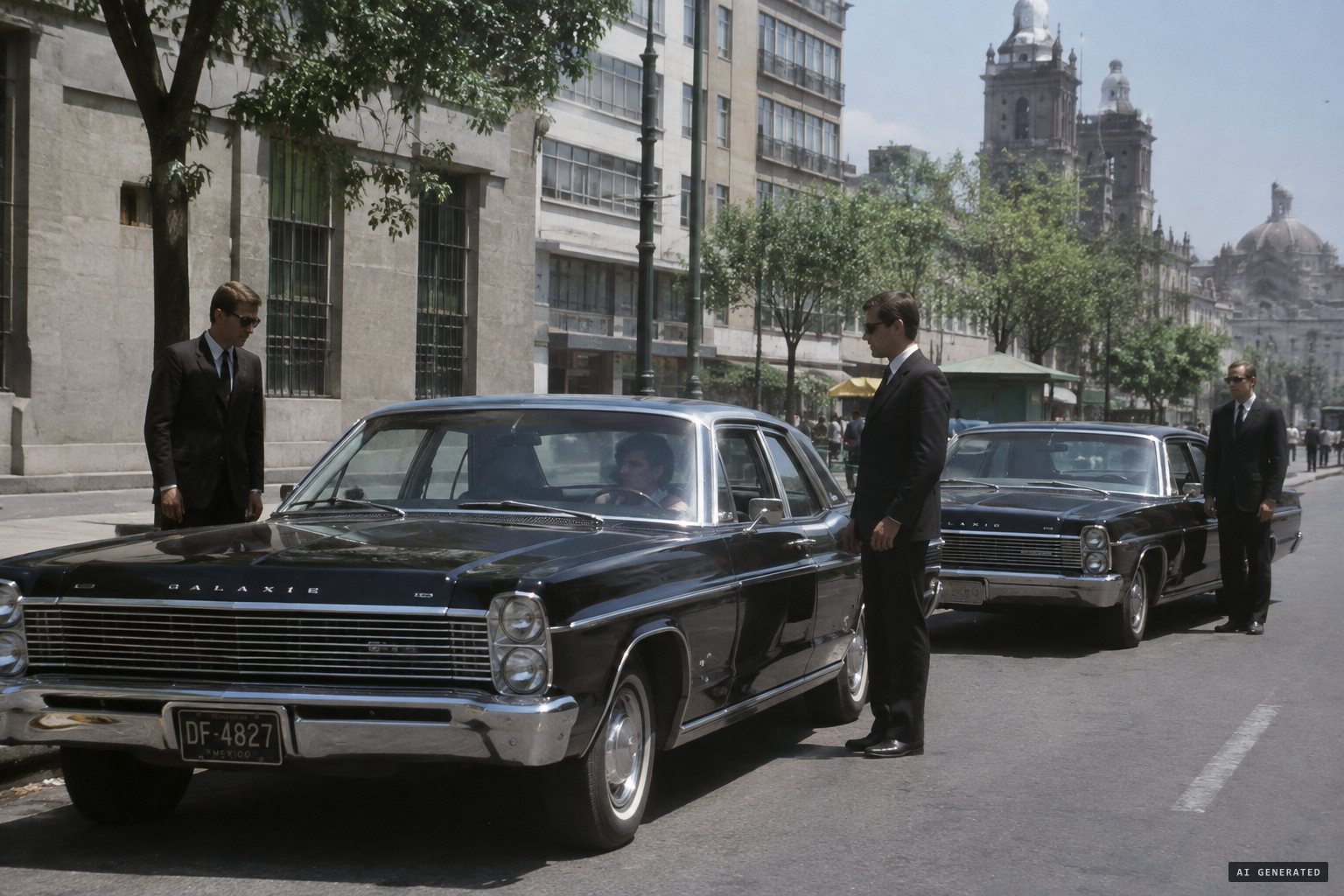 Two black Ford Galaxie limousines box the pilot in