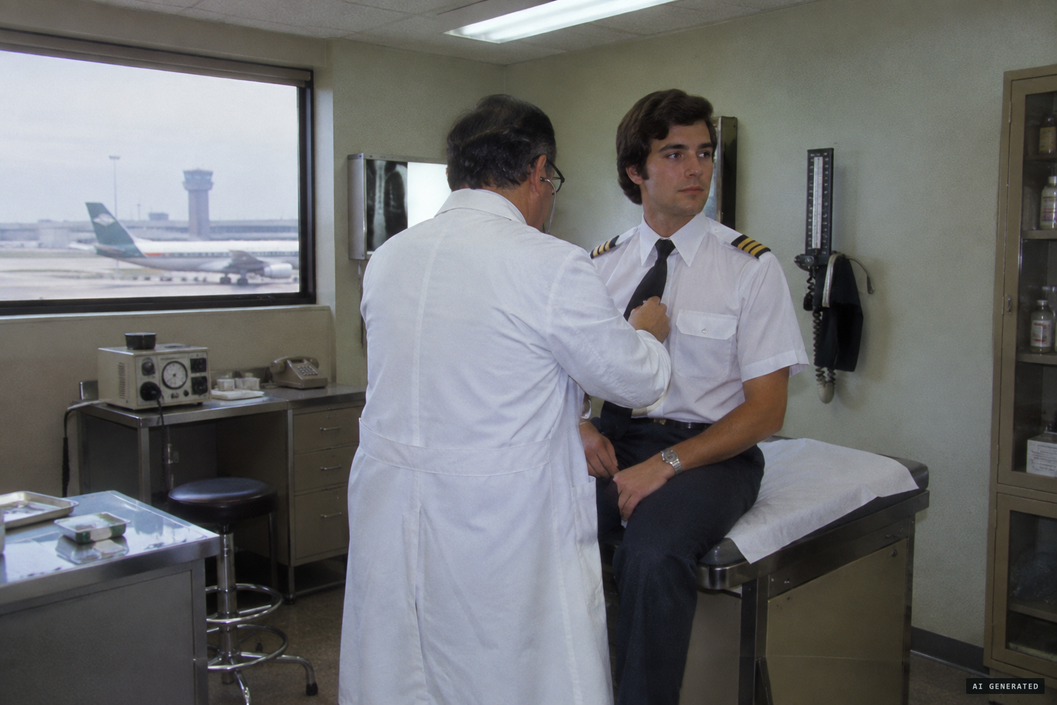 The airport's aviation doctor examines the pilot